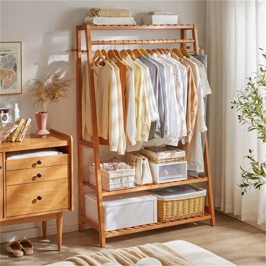 Bamboo Garment Rack Large Clothes Rack Coat Stand Heavy Duty Clothes Hanging Rack with 3 Tier Storage Shelves 10 Hooks