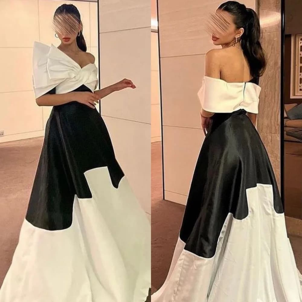 Customized Simple Off-the-shoulder A-line Floor Length Gown Bows Draped Charmeuse Customized Saudi Arabia es