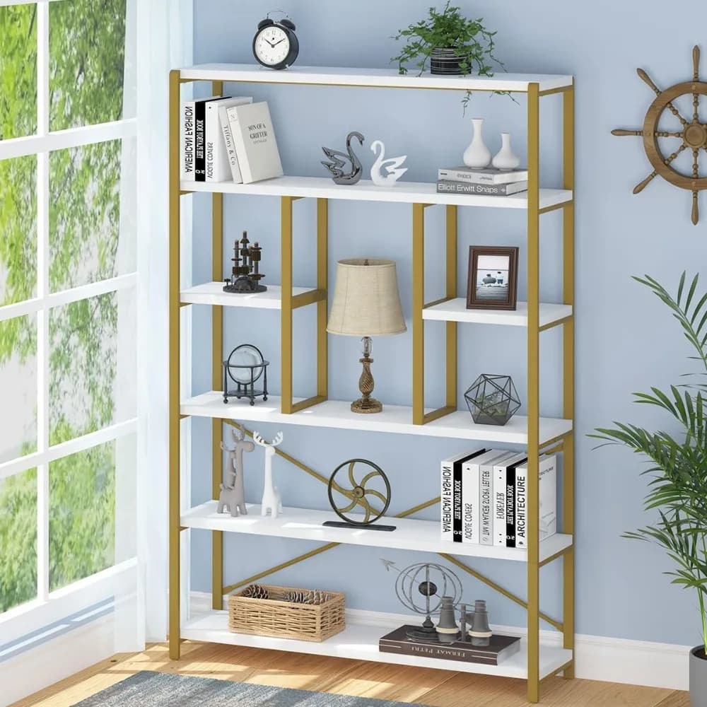 Gold Bookshelf Organizer, Large High 6 Tier Bookshelf Storage, Large Modern Metal Wooden 6 Shelves Bookshelf, White & Gold