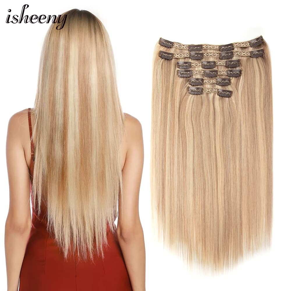 isheeny 140-240G Blonde Brazilian Machine Remy Straight Clip In Human Hair Extensions Full Head 6pcs/set 14-24 Inch Volume Hair