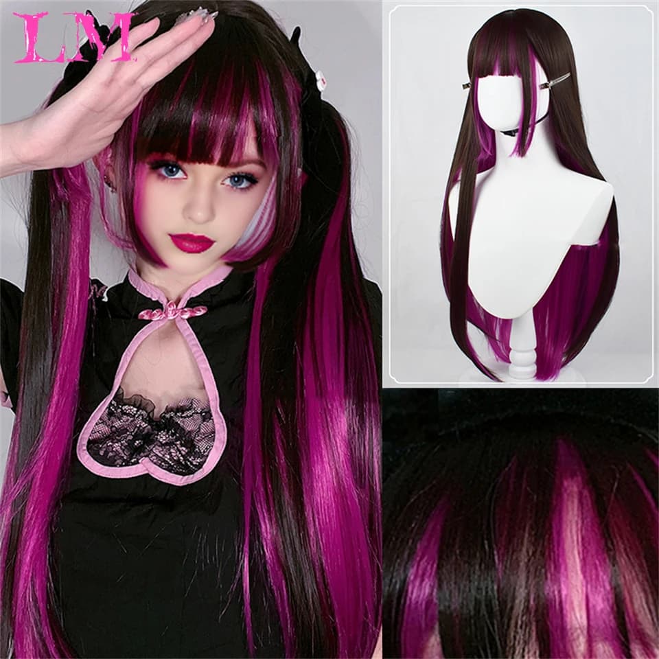 LM Black And Rose Straight Hair Wig Synthetic Long Wavy Wigs with Bangs for Women Cosplay Natural High Temperature Fiber