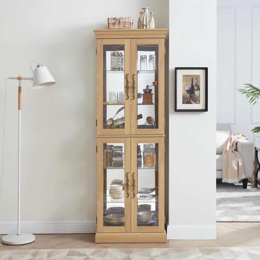 Lighted Glass Curio Display Cabinet,Glass Storage Cabinet Glass Wine cabinet Wood Frame Toy Display for Living Room, Kitchen