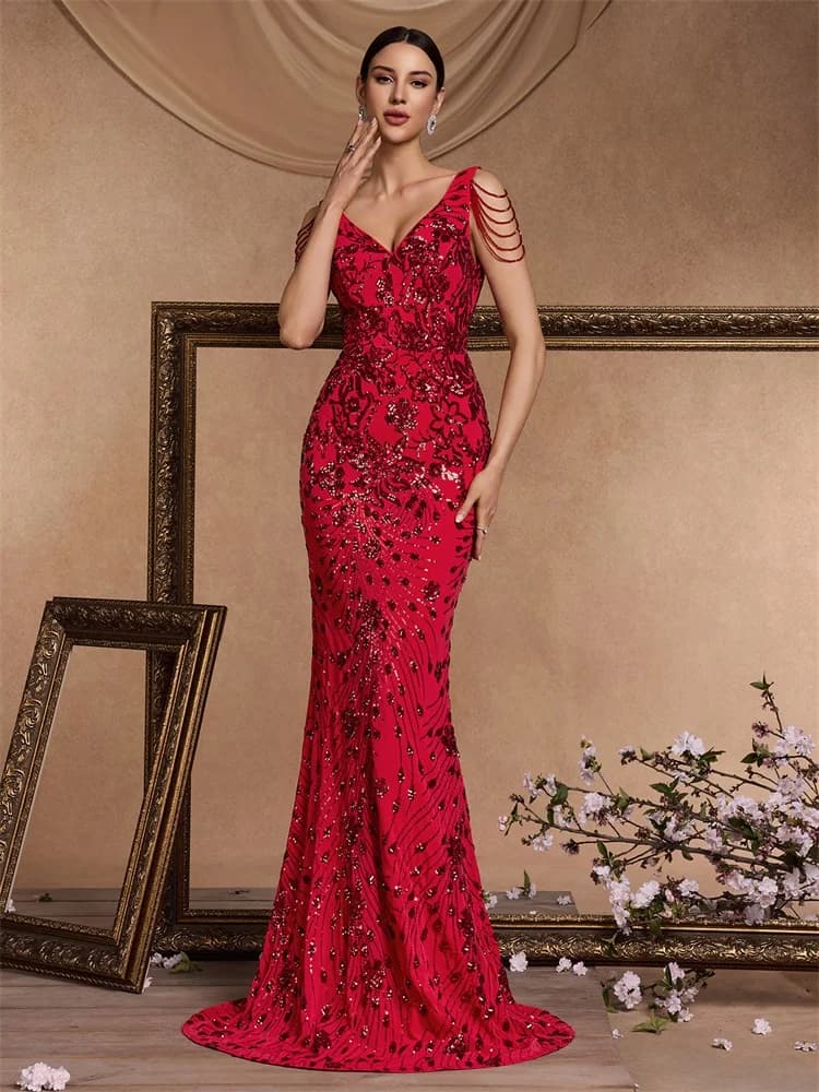 Elegant Deep V-Neck Red Sequin Formal Evening Dresses Women Beading Wedding Party Mermaid Cocktail Prom Graduation Gown