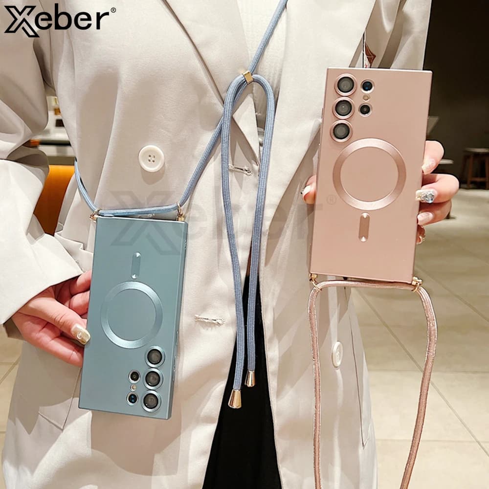 Crossbody Strap Cord Matte Cases For Samsung Galaxy S24 S23 Ultra S22 Plus S21Lanyard Rope for Magsafe Shockproof Silicone Cover