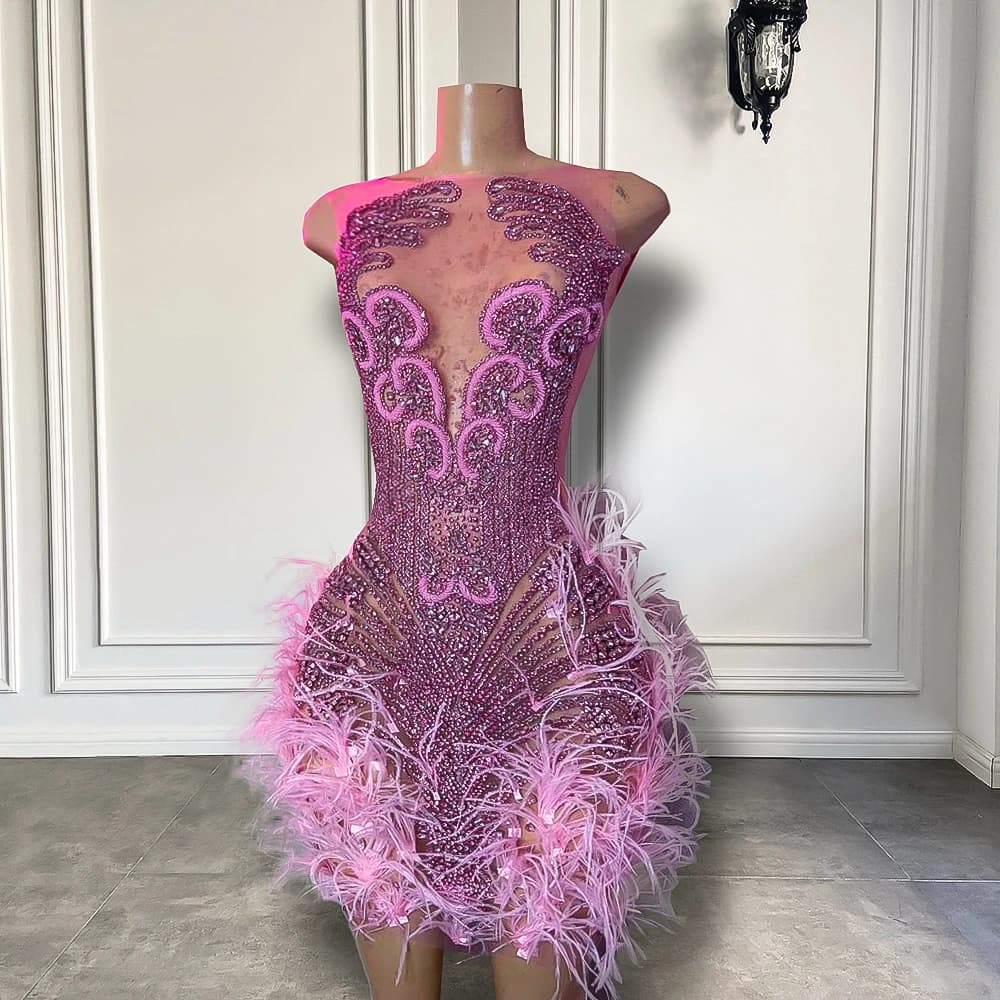 Stunning Sparkly Luxury Diamond Women Birthday Party Cocktail Gowns Sexy Sheer Pink Feather Mini Short Prom Dresses 2025
