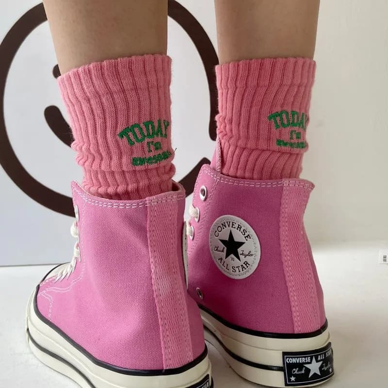 For Men Women Couple Funny Cotton Socks Embroidery Letter Today I’m Awesome Japanese Korean Designer Couple Mid-tube Sports Sox