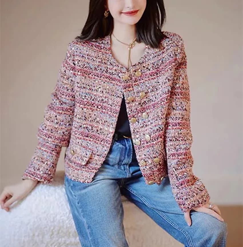 High Quality Design Women Pink Tweed Jacket Coat Small Fragrant Autumn O Neck Double-Breasted Color Woolen Weave Short Outerwer
