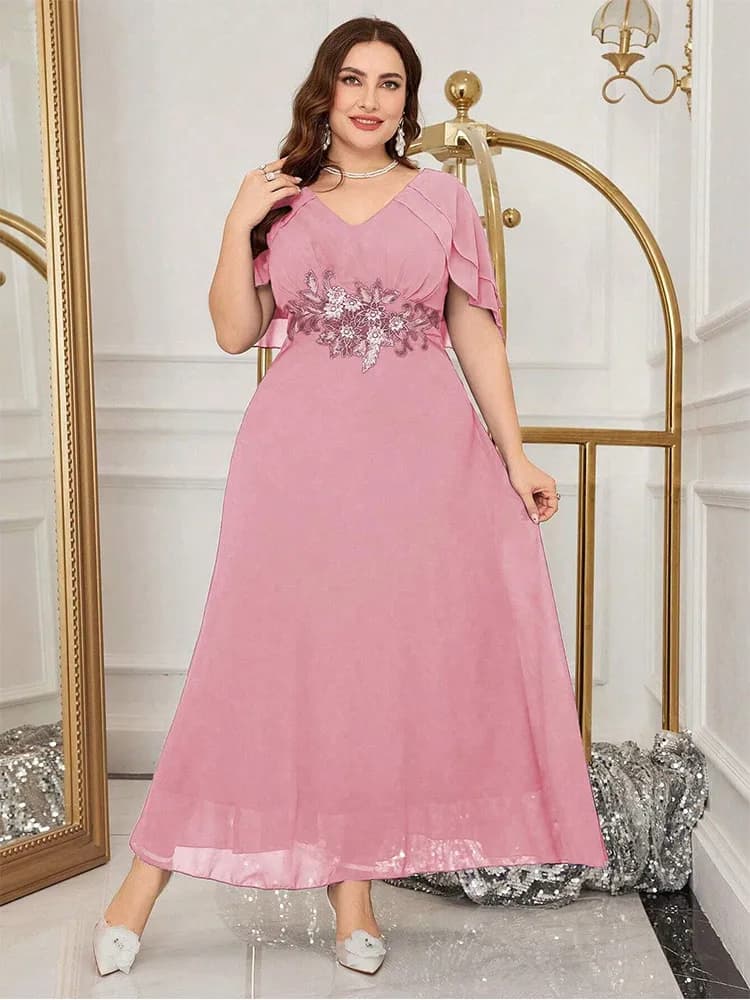 Plus Size Luxury Wedding Ruffle Applique Plus Size Crew Neck Mixi Dress For Women Summer Purple Red Chiffon Prom Evening Dress