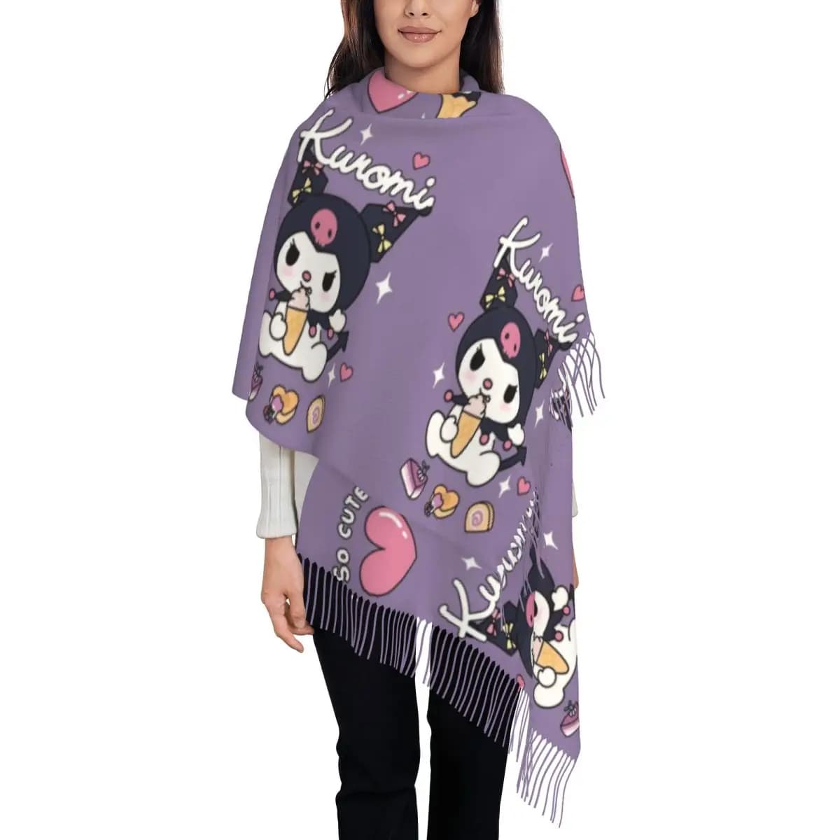 Custom Print Cute Kuromi Cartoon Anime Scarf Women Men Winter Warm Scarves Shawl Wrap