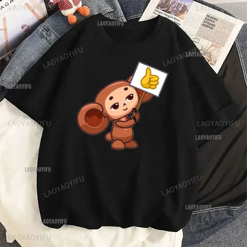 Russian Cheburashka Big-eyed Monkey Women Cotton T Shirt Japanese Designer Comi Russian Cartoon Gothic Vintage Men's Clothing