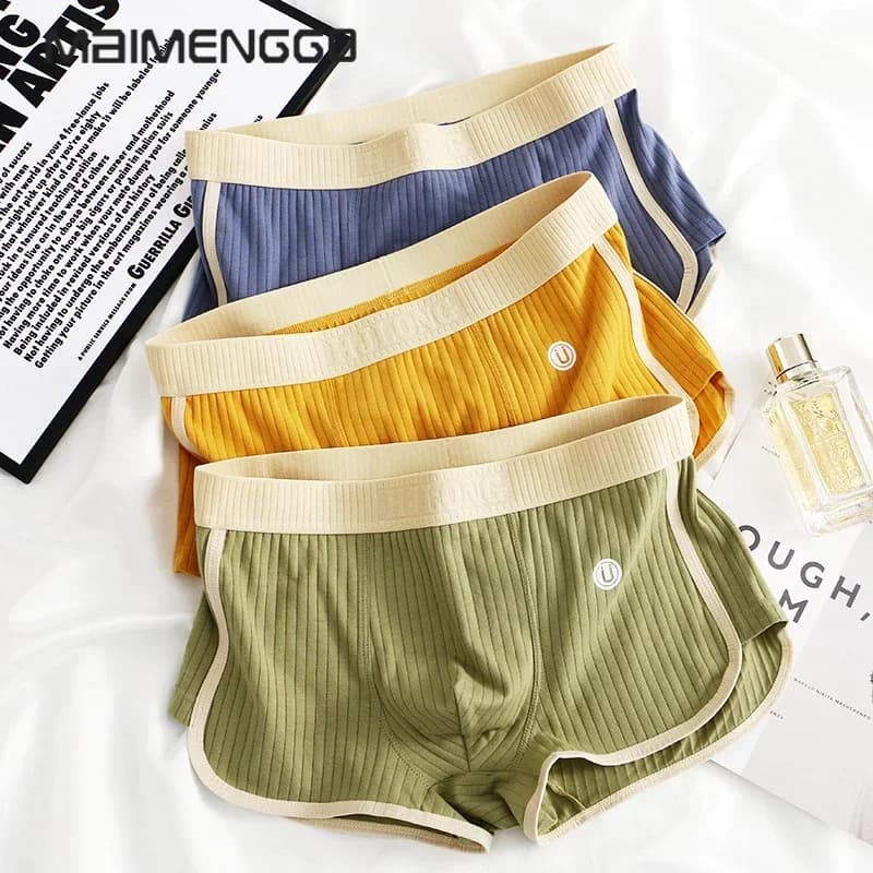 1/3PCS 100% Cotton Solid Striped Men's Boxer Sexy Breathable Mesh U Crotch Underwear High Elastic Widen Waistband Underpants