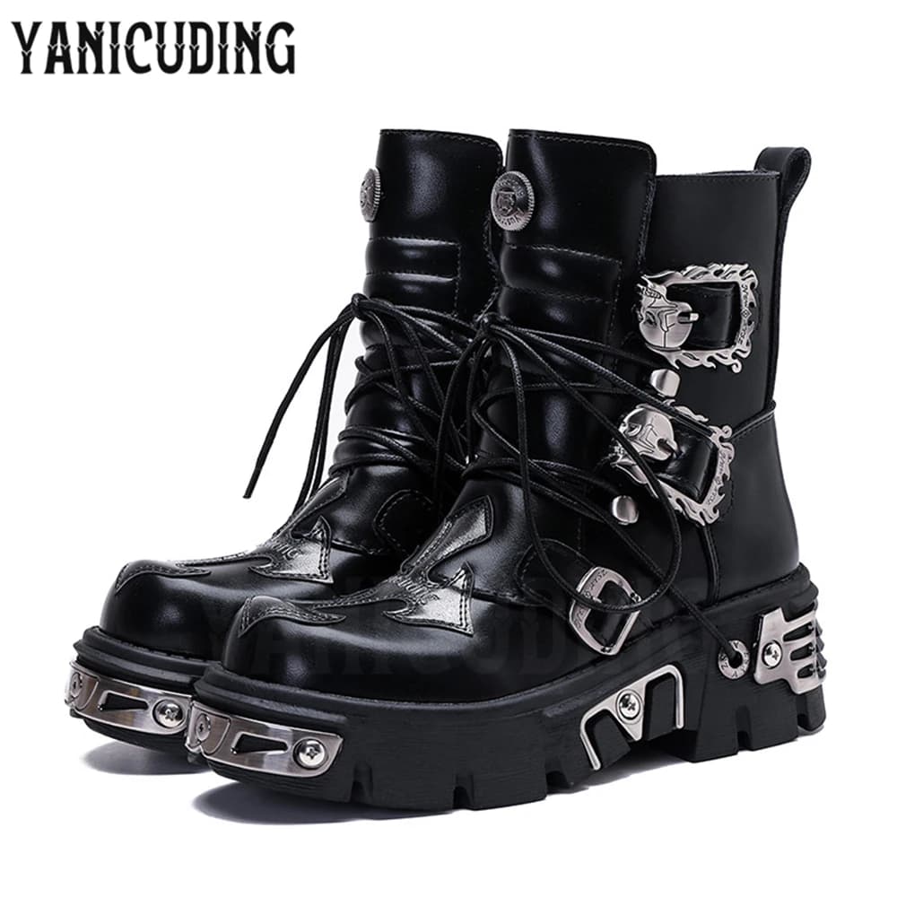 Metallic Punk Booties for Women Rock Locomotive Platform Boots Black Leather Metal Fastener Lace-Up Fashion Ankle Boots Men Size