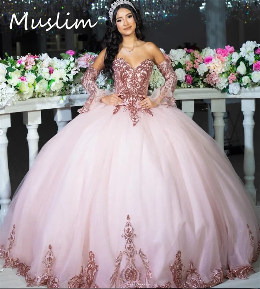 Customzied Pink Quinceanera Dresses With Sleeves Sweetheart Ball Gown Sequin Fifteen Birthday Party Dress Vestidos De xv Años
