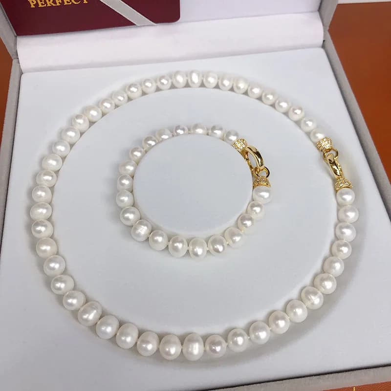 one Set freshwater pearl white pink purple near round 8-9mm Necklace Bracelet