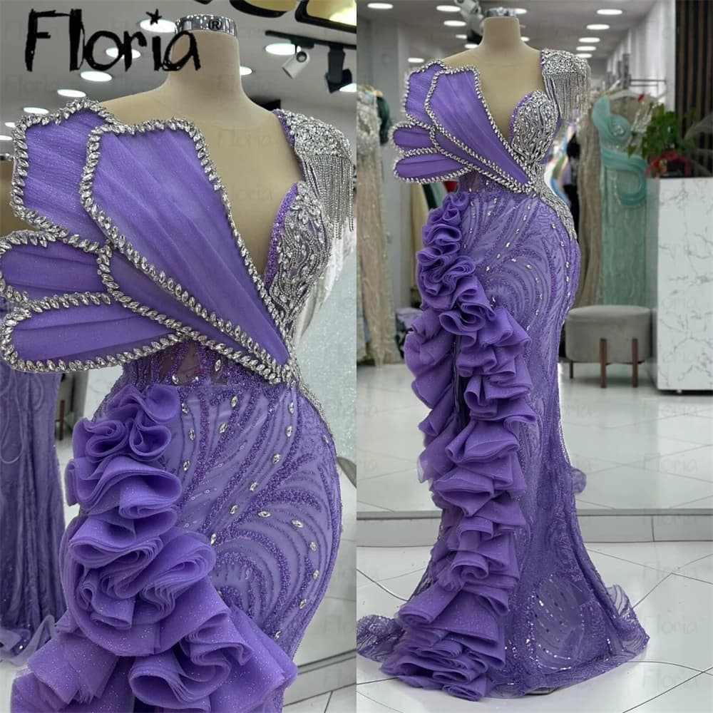 Lilac Gorgeous Prom Dresses Crystals Leaf Long Ruffles Evening Dress Customized Wedding Party Gowns Women Dinner Night Gowns