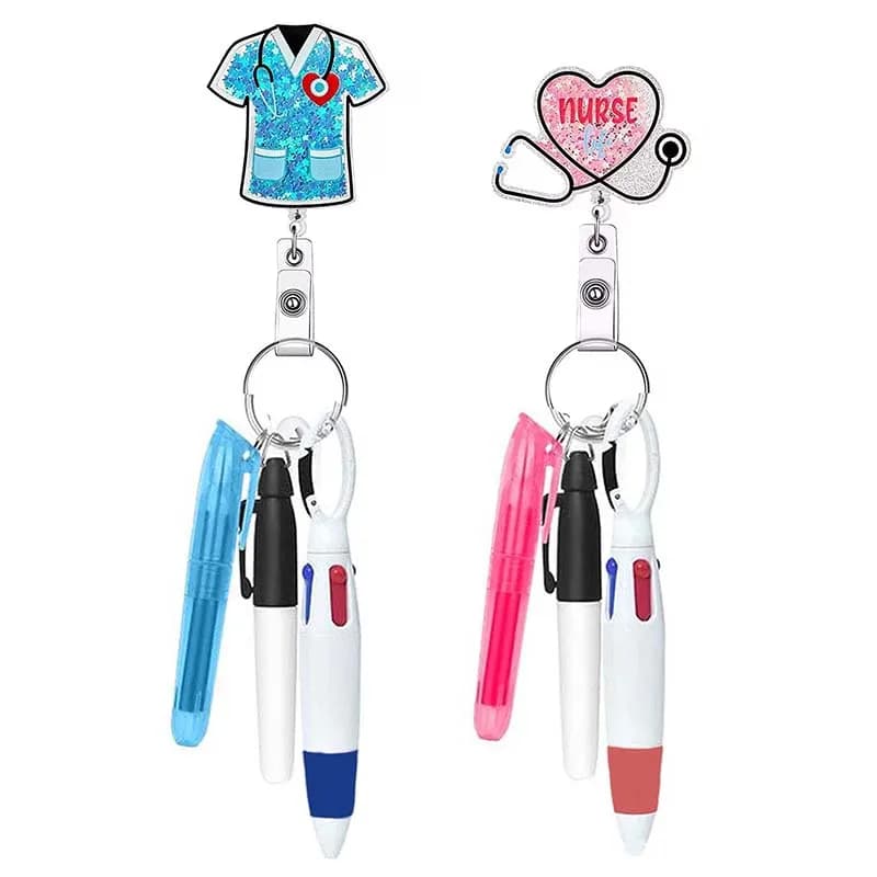 New Nurse Pen Set Design Quicksand Badge Reel Retractable ID Badge Holder With 360 Rotating Alligator Clip Name Holder