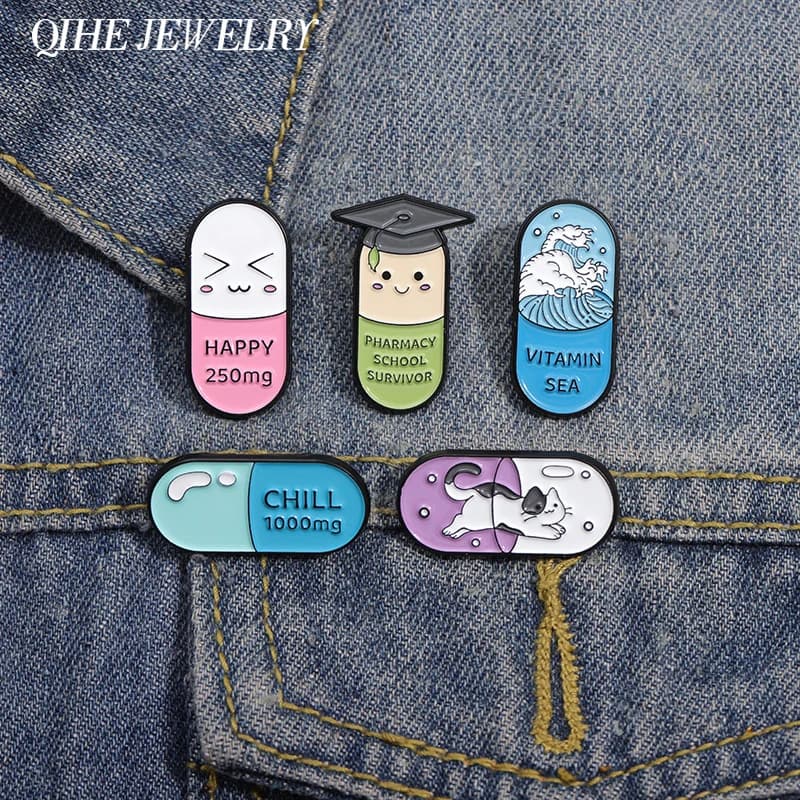 Happy Capsule Pill Brooch Enamel Pin Custom Vitamin Sea Pharmacy School Survivor Brooches Lapel Badges Jewelry Gift For Friends