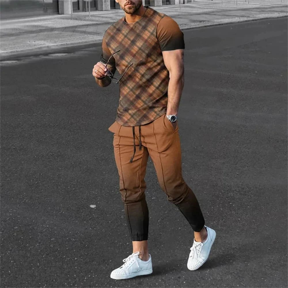 Summer Men's Tracksuit Sets Trousers 2 Piece Set Striped Printed Short Sleeve T Shirt+Long Pants Streetwear Trend Male Clothing