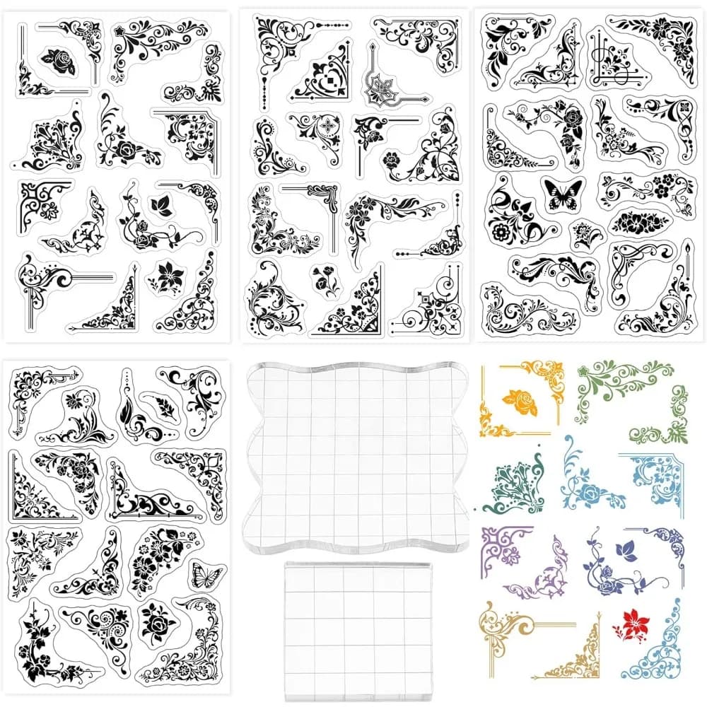 4Sheet Flower Corner Silicone Clear Stamp with 2 Acrylic Block Plant Transparent Silicone Stamp for Scrapbook Journal Mother's