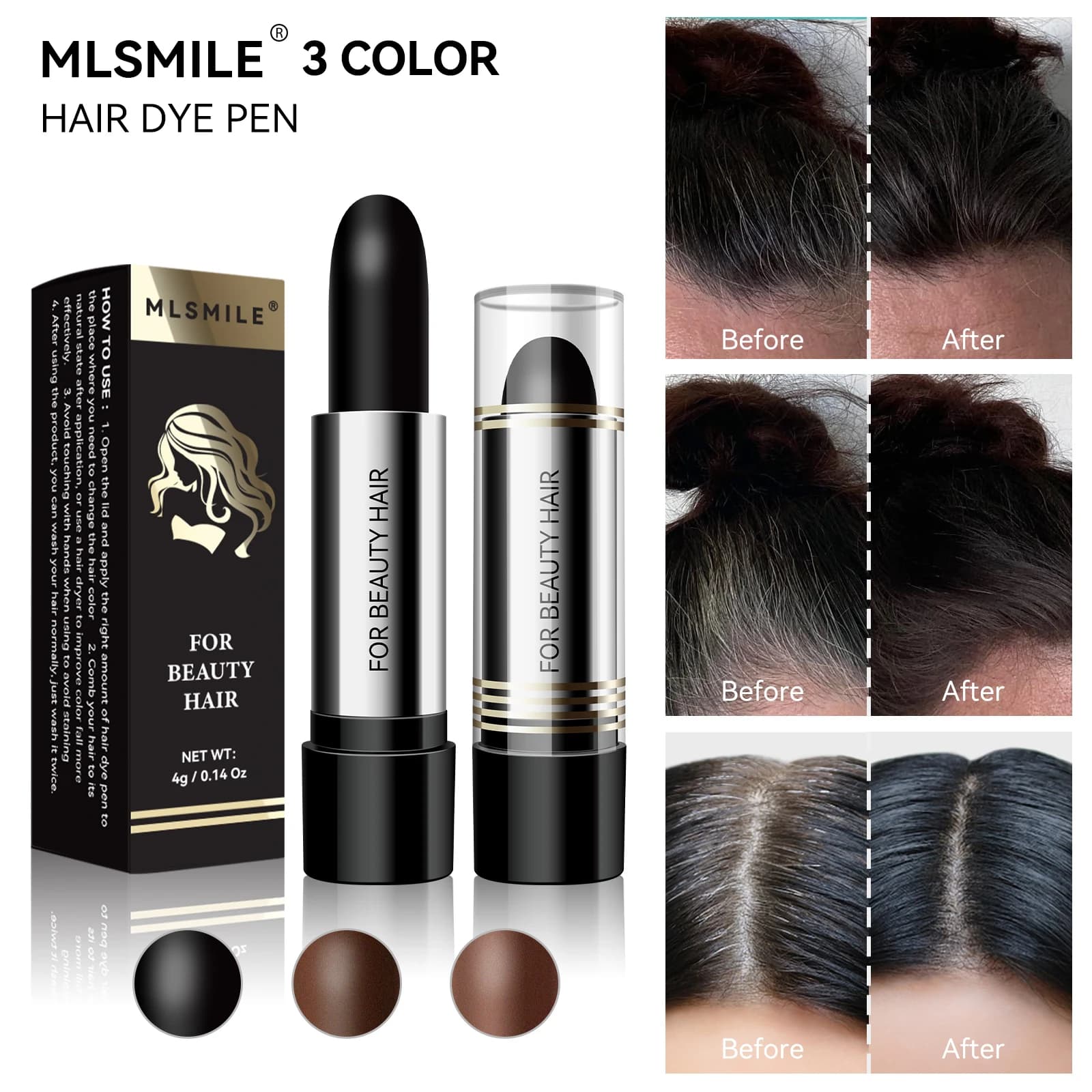 Disposable temporary hair dye pen to cover white hair, lipstick style hair dye, black temporary hair dye