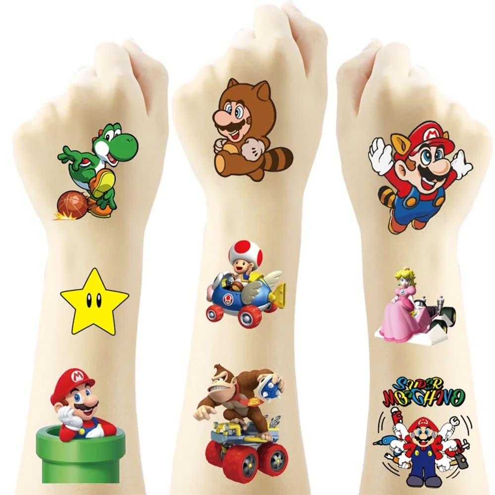 20Pcs/set Super Mario Bros Temporary Tattoo Stickers Kawaii Luigi Yoshi Figure Decals Toys Children Birthday Party Gifts