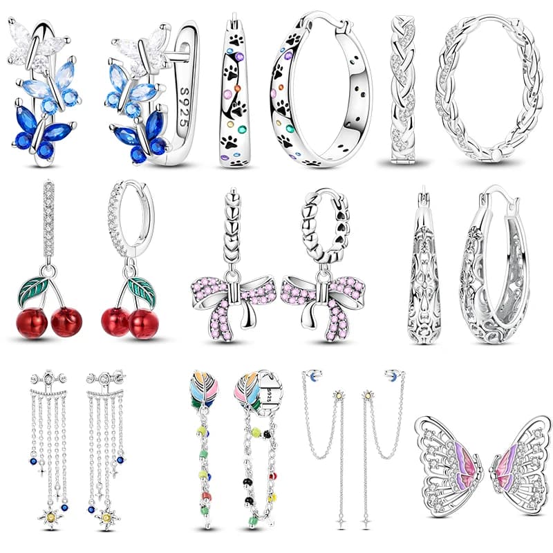 Original 925 Sterling Silver Tassel Ear Studs For Women Fashion Bow Cherry Earrings Sparkling Zircon Pave Earrings Fine Jewelry