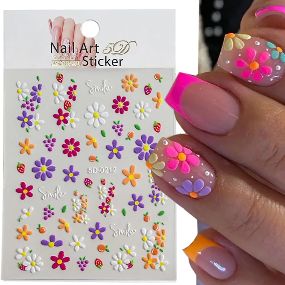 5D Exquisite Daisy Nail Sticker 1sheet Colorful Floral Nail Decal 8*10cm Self-adhesive Luxurious Daisy Nail Art Sticker Decor 9#