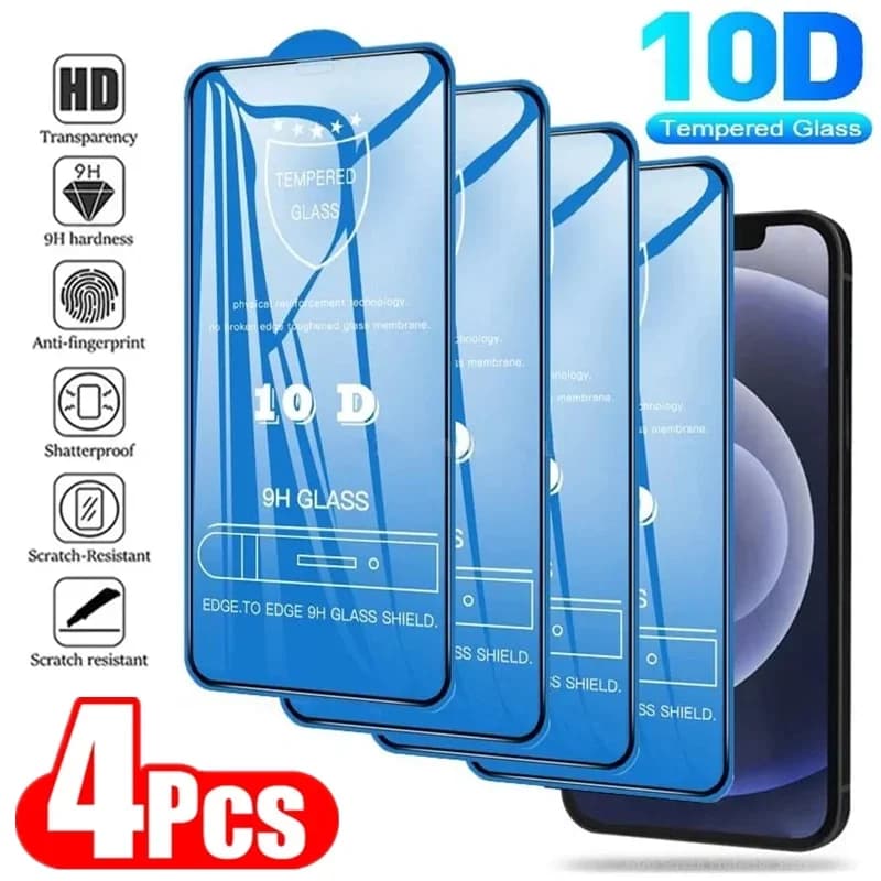 4Pcs 10D Tempered Glass for iPhone 15 11 12 14 Pro Max Mini 7 8 Plus Full Cover Screen Protector for iPhone 13 16 PRO XR XS MAX