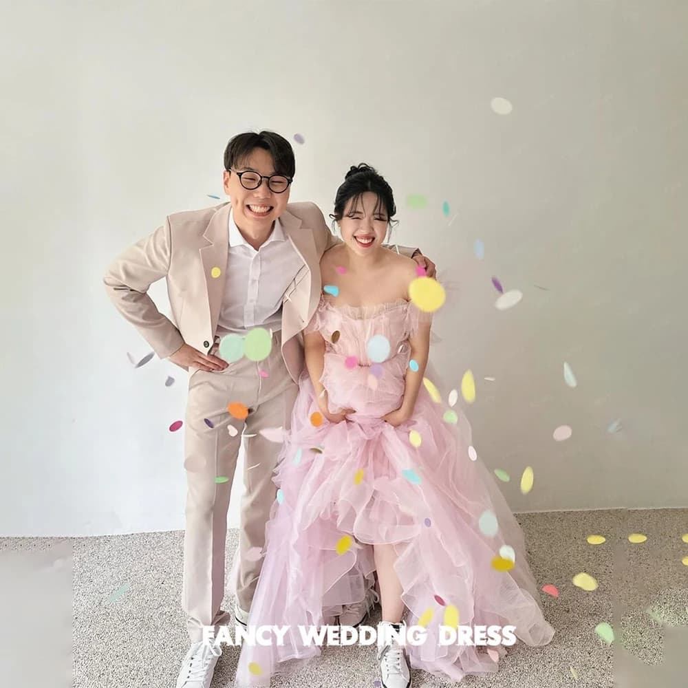 Fancy Korea Pink Off Shoulded Wedding Dress Photo Shoot A Line Soft Tulle Sleeveless Bridal Gown Back Corset customized