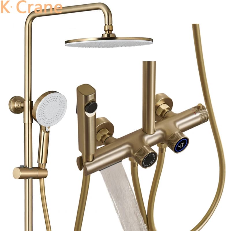 Brush Gold Rain Shower Mixer Bathroom LED Digital Hot Cold Shower System Bathtub Wall Mount Thermostatic SPA Rainfall Shower Set