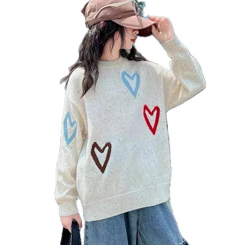 Luxury Designer Kids Sweater With Hearts for Girls Korean Style Children Sweater for a Girl Baby Knitted Pullover Tops 5 To 14 Y