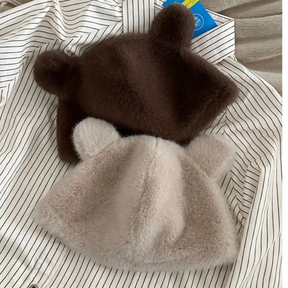 Hot Sale Warm Beanie Hats Women Solid Color Faux Fur Winter Hats Cute Bear Ear Warm Pullover Hat Korean Version Cap With Ears