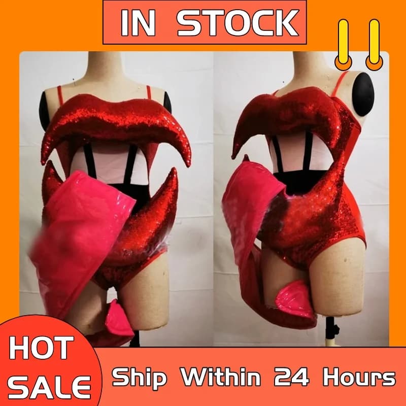 Sexy Gogo Dance Clothing Big Lip Red Sequins Bodysuit Women Party Rave Outfit Bar Nightclub Dj Ds Stage Pole Dance Costume 6390
