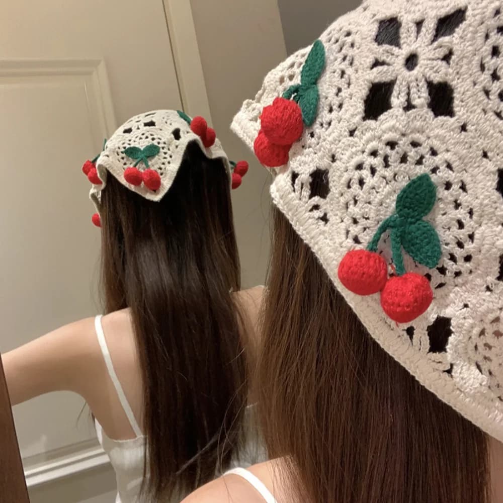 French Pastoral Style Triangle Headband Knitted Handmade Crochet Headscarf Hat Little Cherry Headband Towel Spring Summer