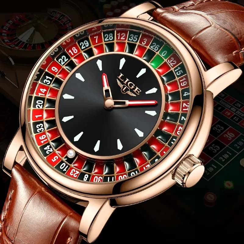 LIGE Russian Roulette Dial Man Watch Creative Dial Wheel Man Wristwatches Business Leather Luminous Rotatable Lucky Ball Watch