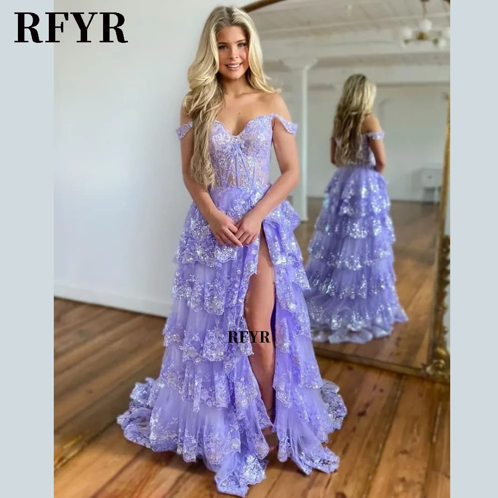 RFYR Puffy Evening Dress Off Shoulder Party Dresses Sweetheart Layered Prom Dress Appliques Evening Dress for Women Customized