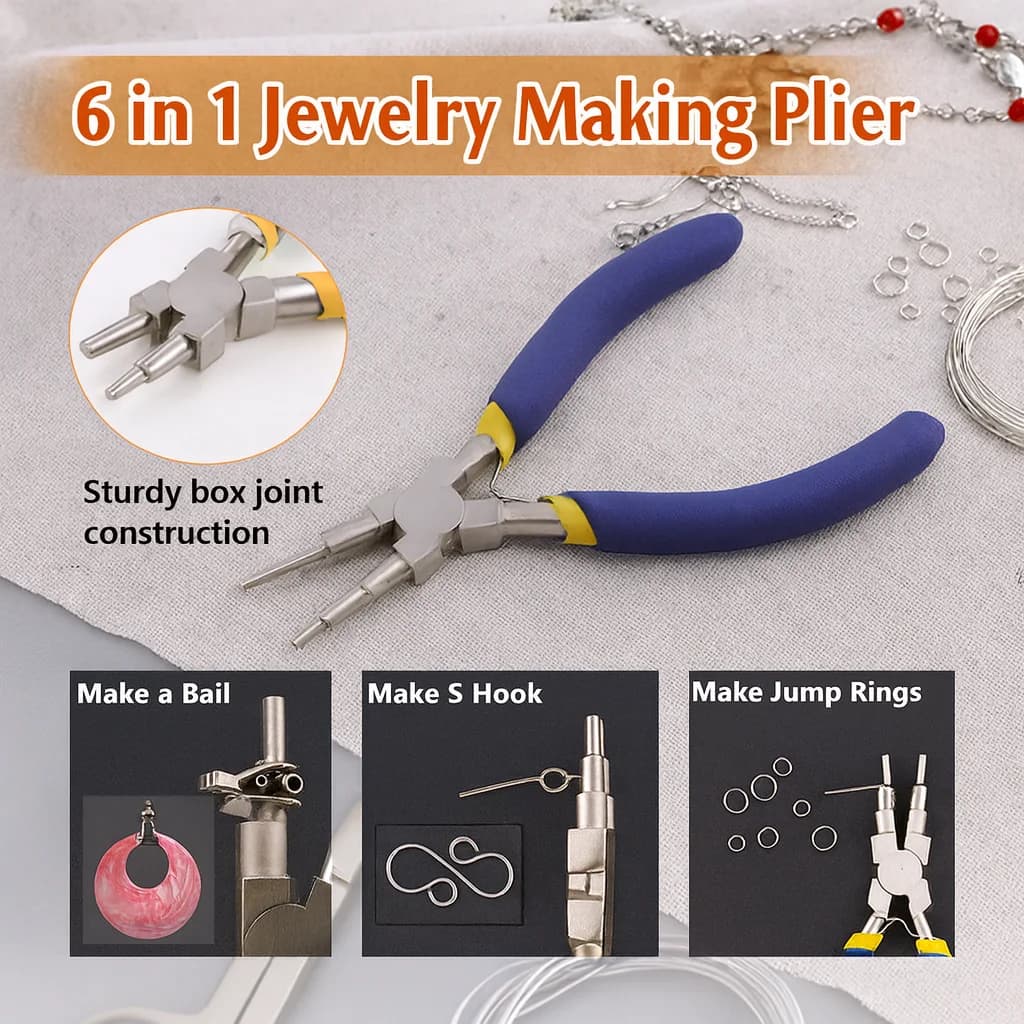 6-in-1 Carbon Steel Round Nose Jewelry Pliers, Multi-Function DIY Tool for Earring Hooks, Bracelet, Necklace Repair and Craft