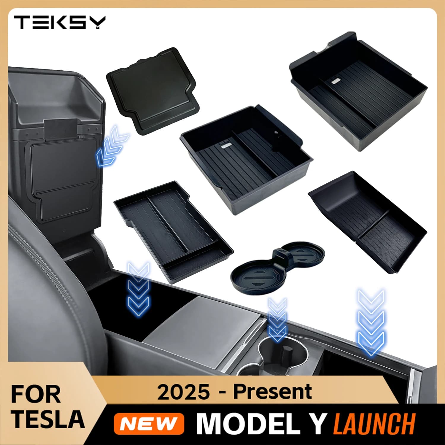 For Tesla New Model Y 2025 Launch Juniper ABS with Silicone Non-slip Mat Console & Armrest Storage Box Upper and Lower Watercup
