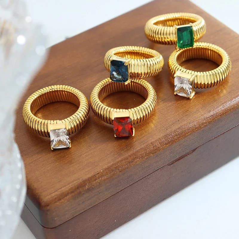 18K Gold Plated Waterproof Multi-color Crystal Chunky Striped Texture Rings Delicate Shiny Square Zircon Wed Ring Punk Jewelry
