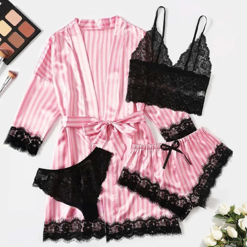 Women Satin Silk Pajamas Set 4 Pcs outfit Sexy Striped Lace Nightwear Sleepwear Ladie Lingеrie Robe Pajama Pants New in Matching