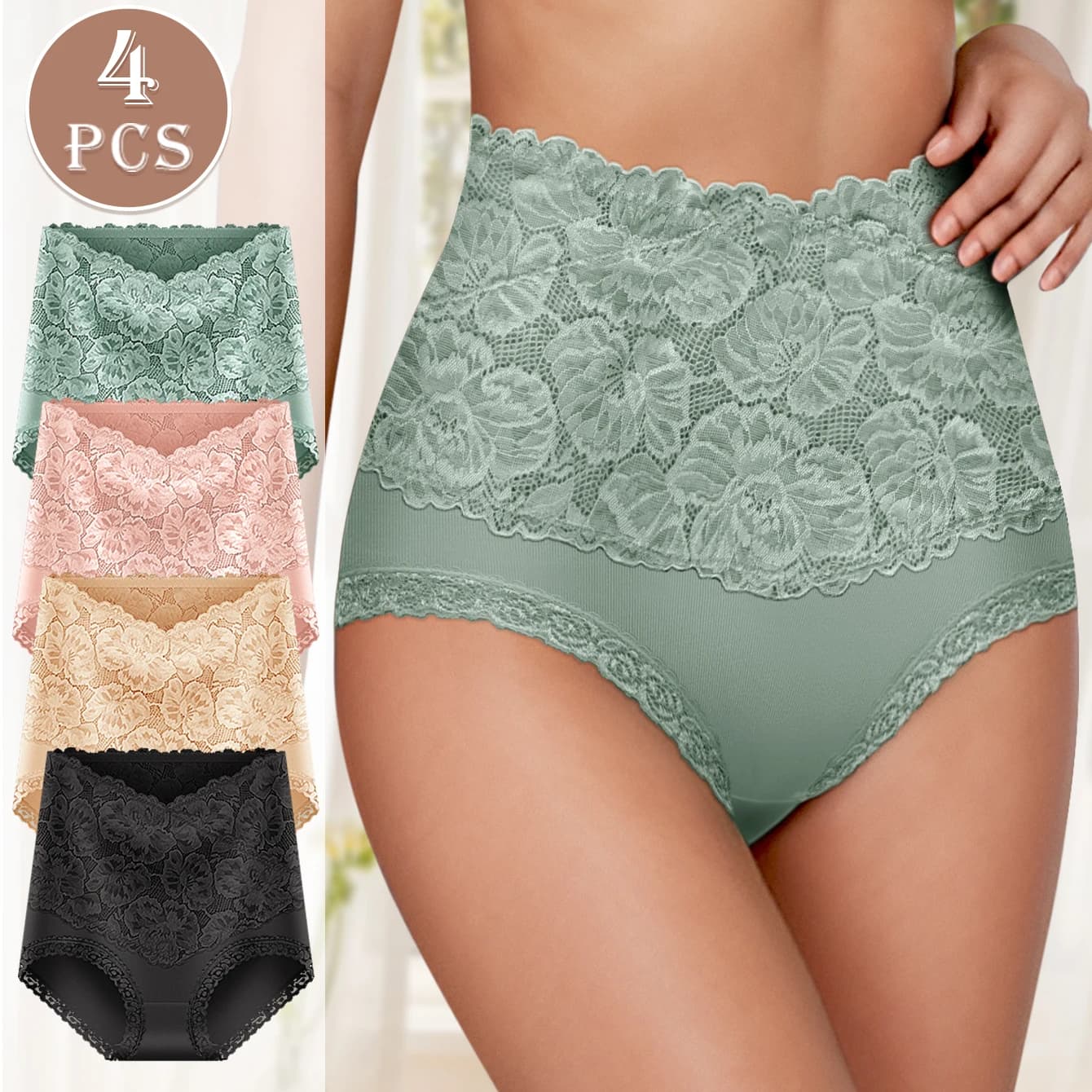 4pcs High Waisted Panties Ladies Jacquard Pattern Sexy Lace Hip Lifting & Shaping Skin Friendly & Soft Comfortable Cotton