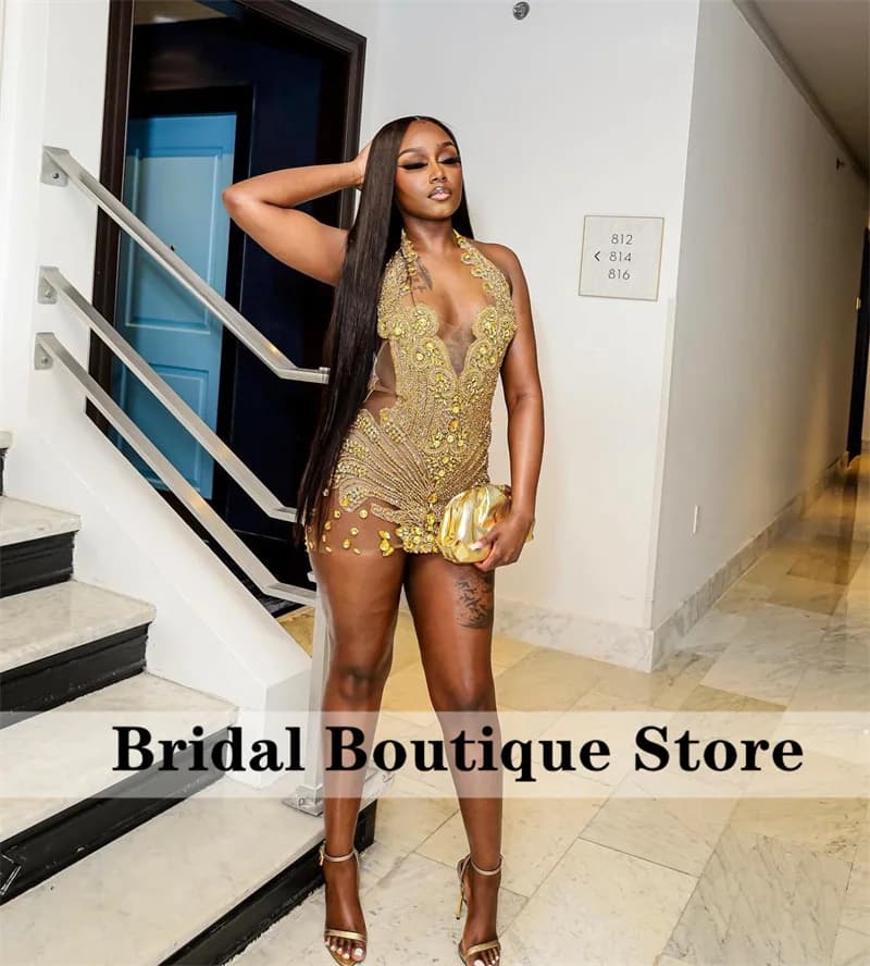 Sexy Sparkly Diamonds Short Golden Prom Dress 2025 Halter Glitter Crystals Beads Graduation Birthday Party Cocktail Customized