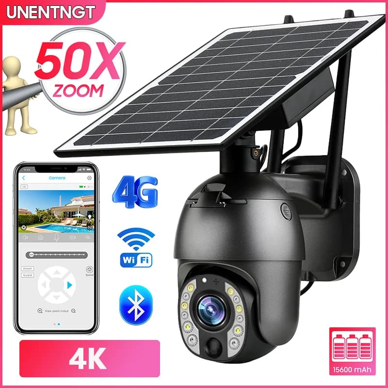 4K 50X Zoom Replaceable battery Solar Camera 8MP 4G SIM/Wifi Outdoor PTZ Motion Detection Surveillanc PIR Night Vision Security