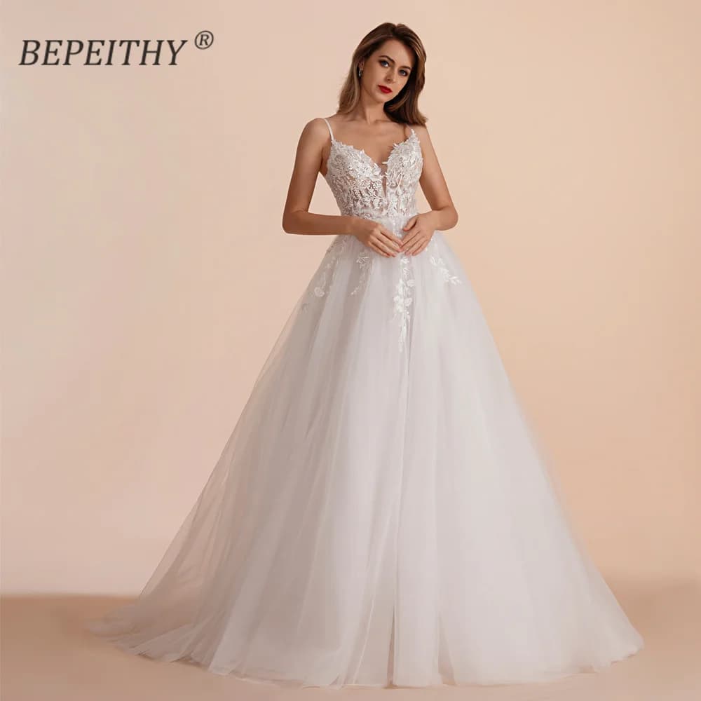 BEPEITHY Customized Boho Ivory A Line Lace Wedding Dresses For Bride Women 2023 Floor Length Sexy Garden White Bridal Gown New