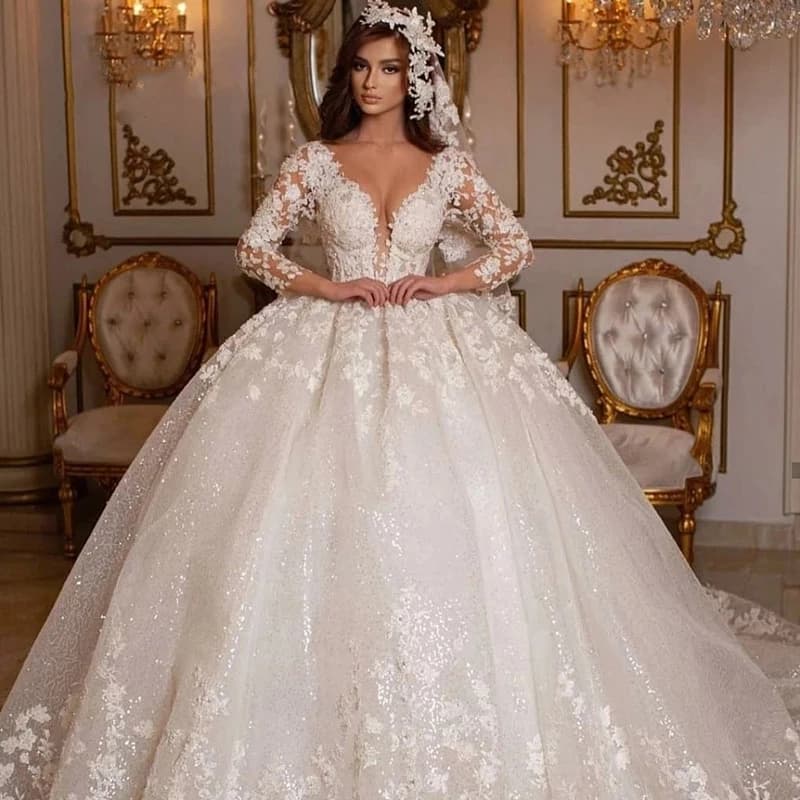 Flavinke Customized Lace Princess Wedding Dresses Ball Gown Beading Bridal Gown Tulle Long Sleeves Ivory Dubai Marriage 2025