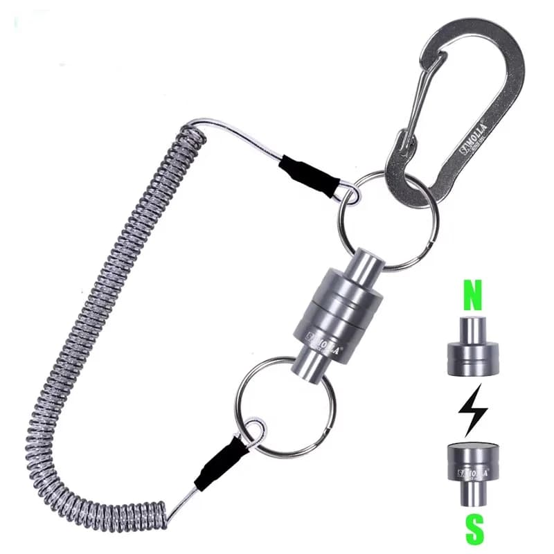 Magnetic Net Release Holder With Coiled Lanyard Fly Fishing Tools Strong Magnet Carabine Fast Buckle Anti-Drop Rope Accessories
