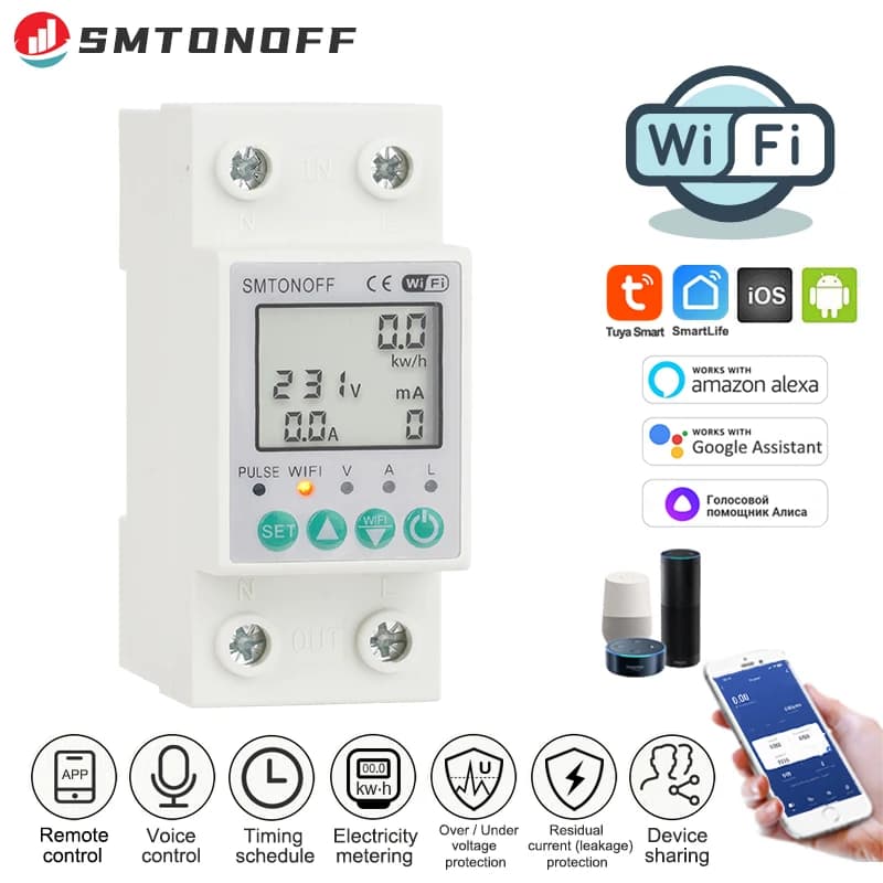 tuya smart life wifi Smart Energy Meter Power kWh Meter Earth Leakage Over Under Voltage Protector work with alexa smart home