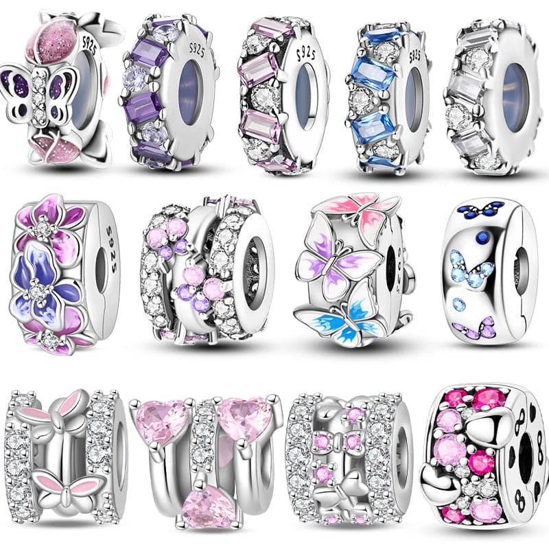 Original 925 Sterling Silver Clip Charm Inlaid Zircon Cat Butterfly Charm Silicone Spacer Beads For Women Bracelet DIY Jewelry