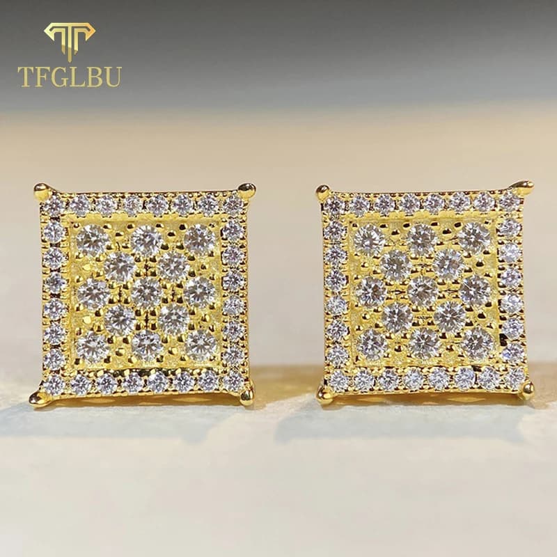 TFGLBU Trendy Full Moissanite Square Stud Earring for Women/men New Hip Hop Solid 925 Silver Ear Party Birthday Gift Wholesale
