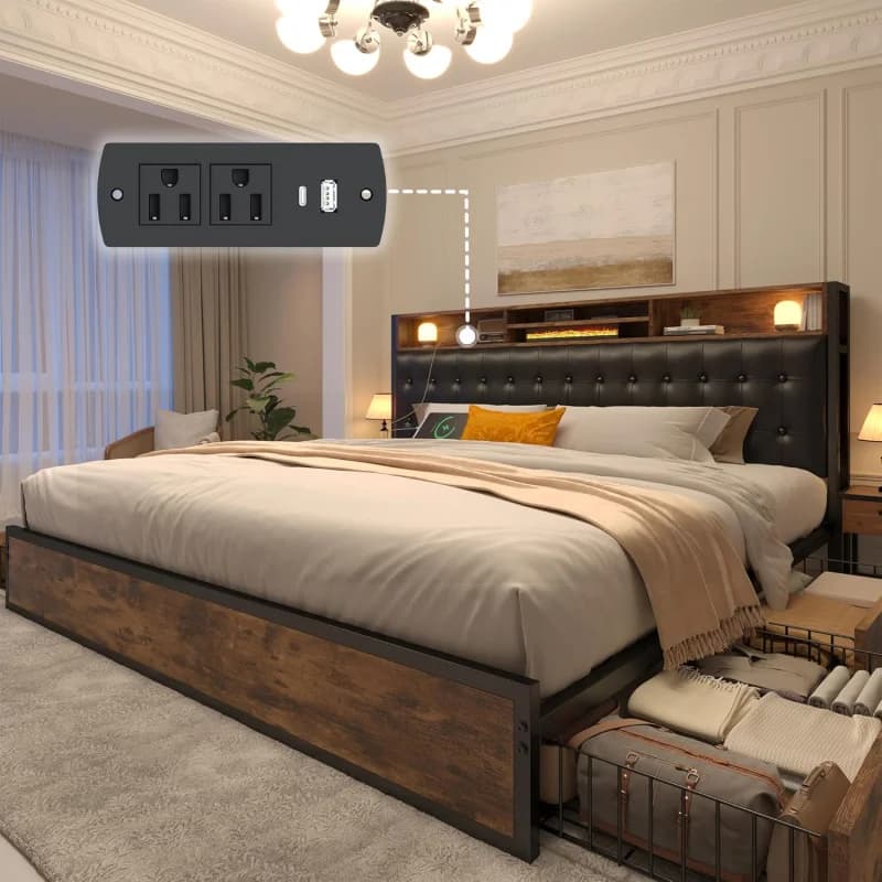 EnHomee 4 Drawers King and Headboard UpholsteredKing Size Bed Frame with Storage & amp